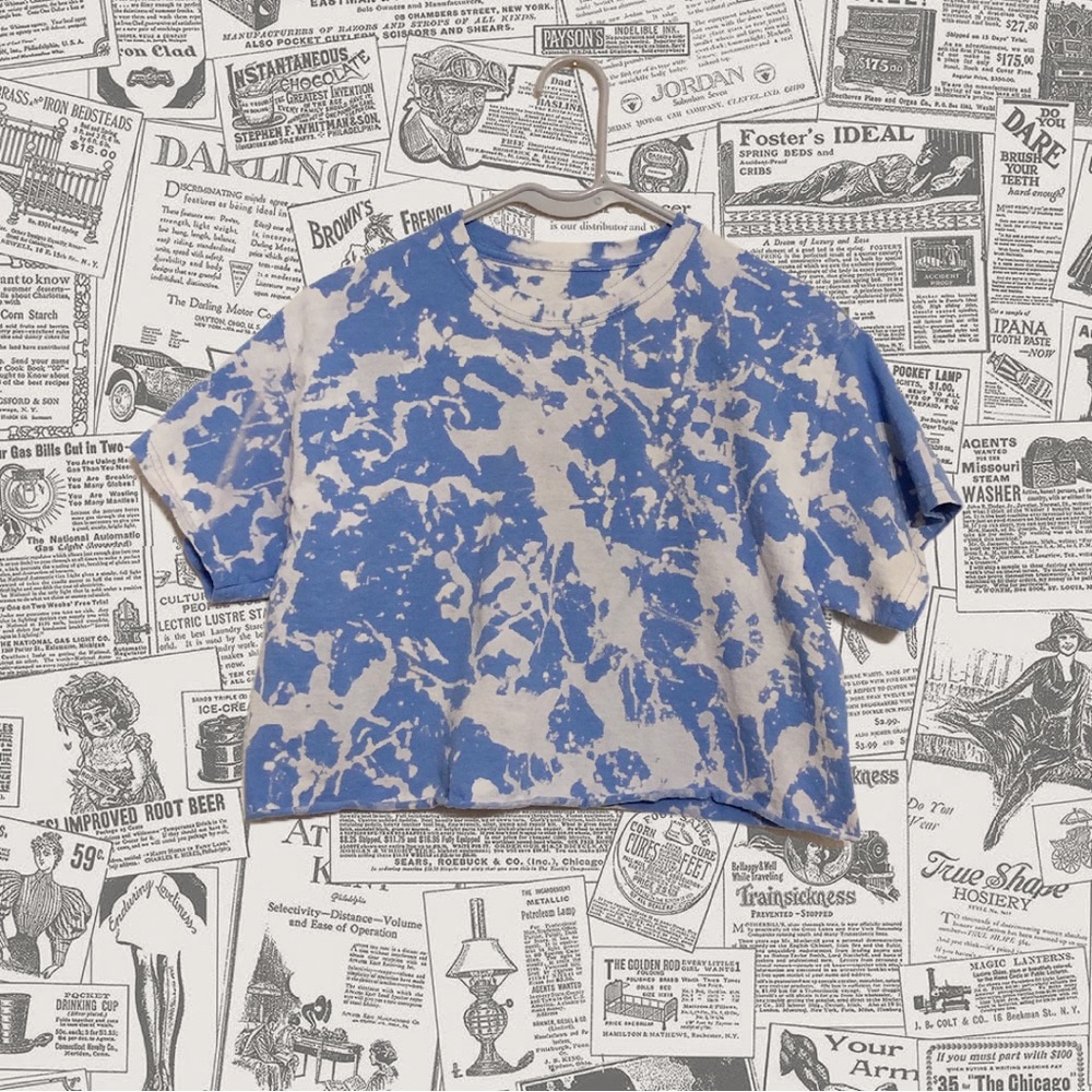 Blue and White, Tie Dye/Bleached Crop Top, Adult Size Medium